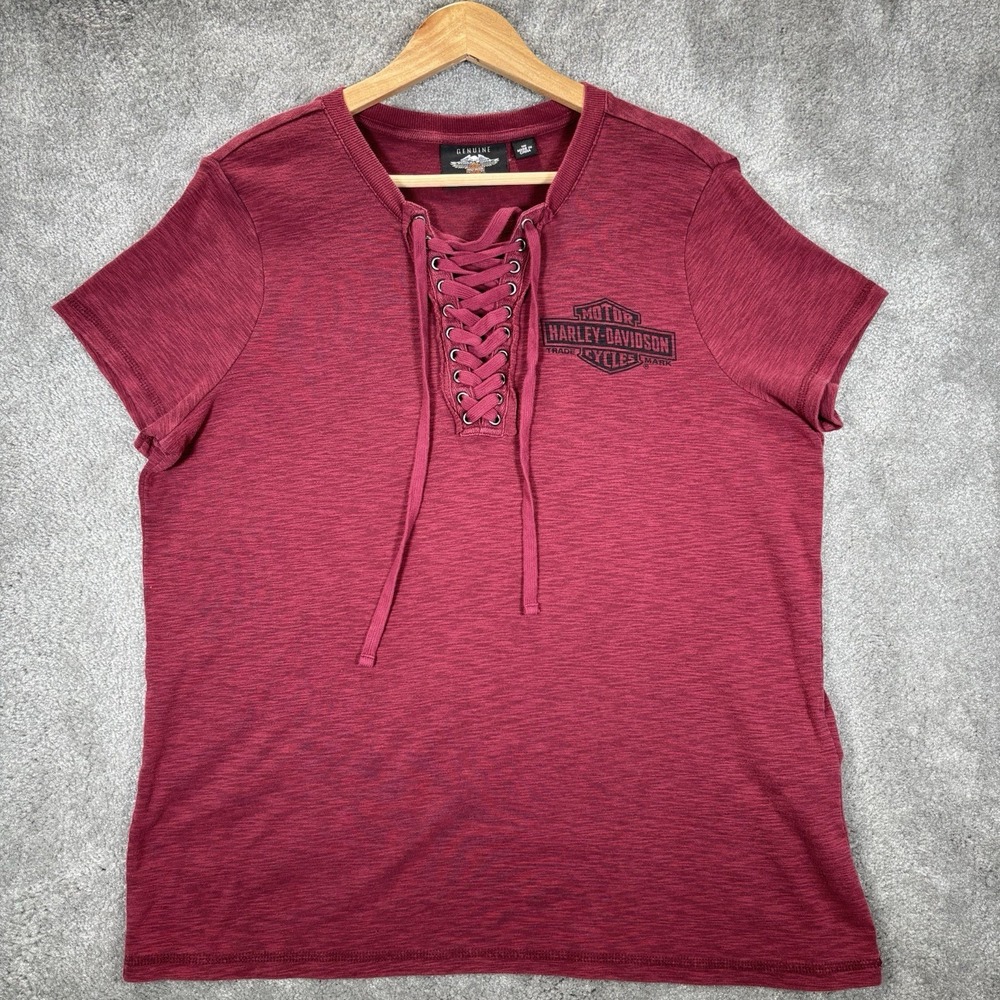 Harley Davidson Shirt Womens 1W Red Graphic Back Logo Eagle Lace Up Grunge Y2K